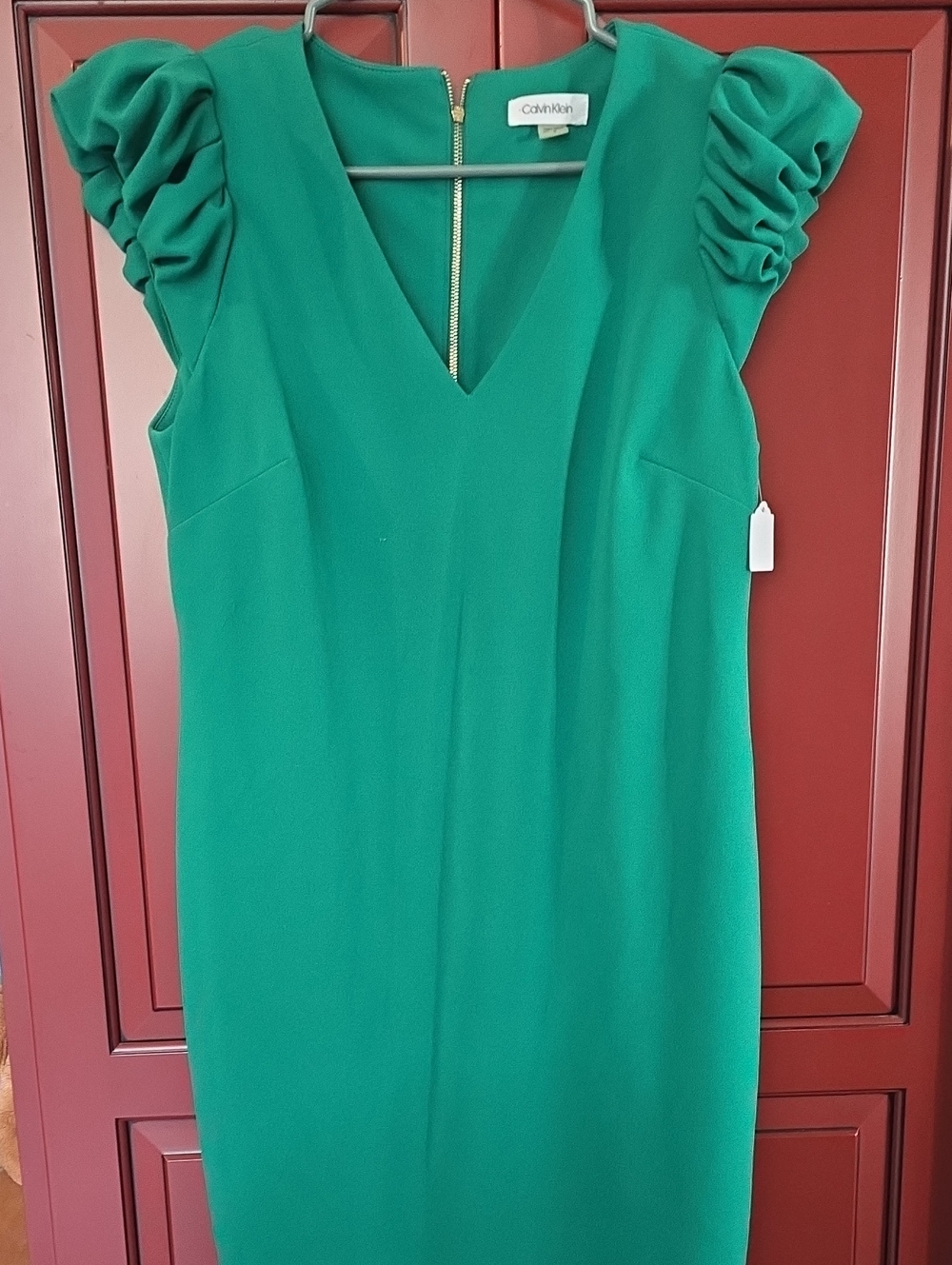 Calvin Klein Emerald Green V-Neck Ruched Cap Sleeve Midi Dress